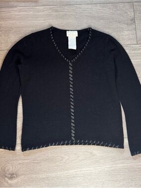 Designers Originals Black V-Neck Sweater with Braided Trim